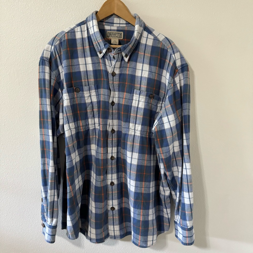 Duluth Trading Free Swingin' Flannel Relaxed Fit Shirt Button White Blue-2XL